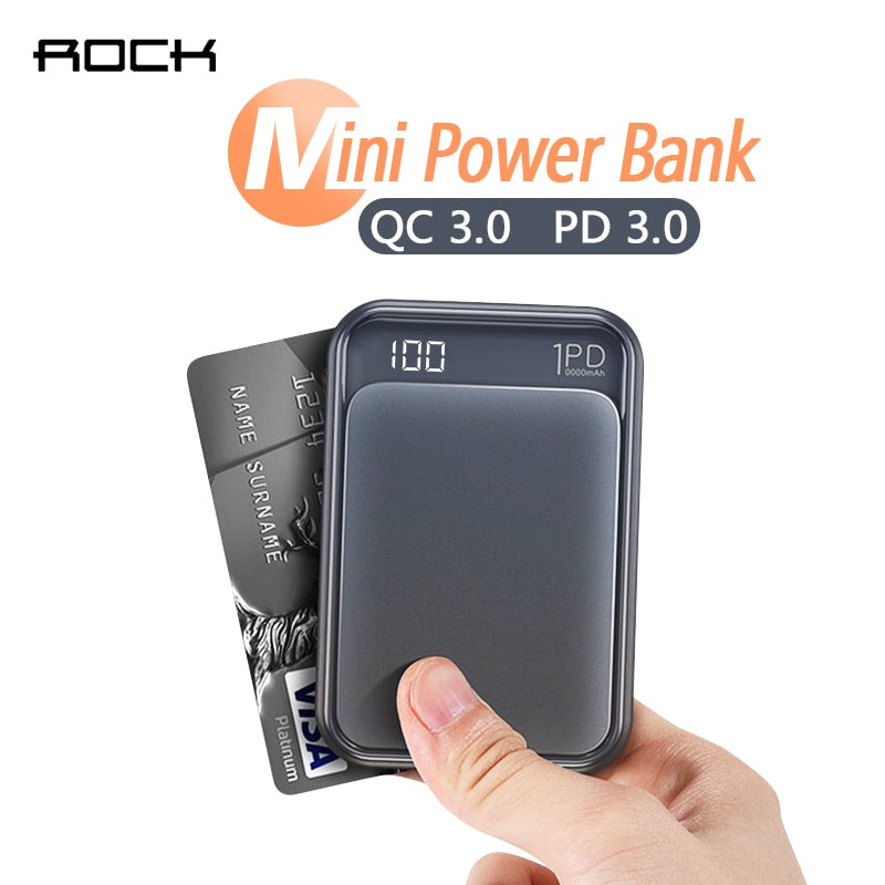 ROCK 18W Type C PD QC 3.0 Power Bank 10000mah Mini External Battery LED Display USB Quick Fast Charging Powerbank For iphone XS
