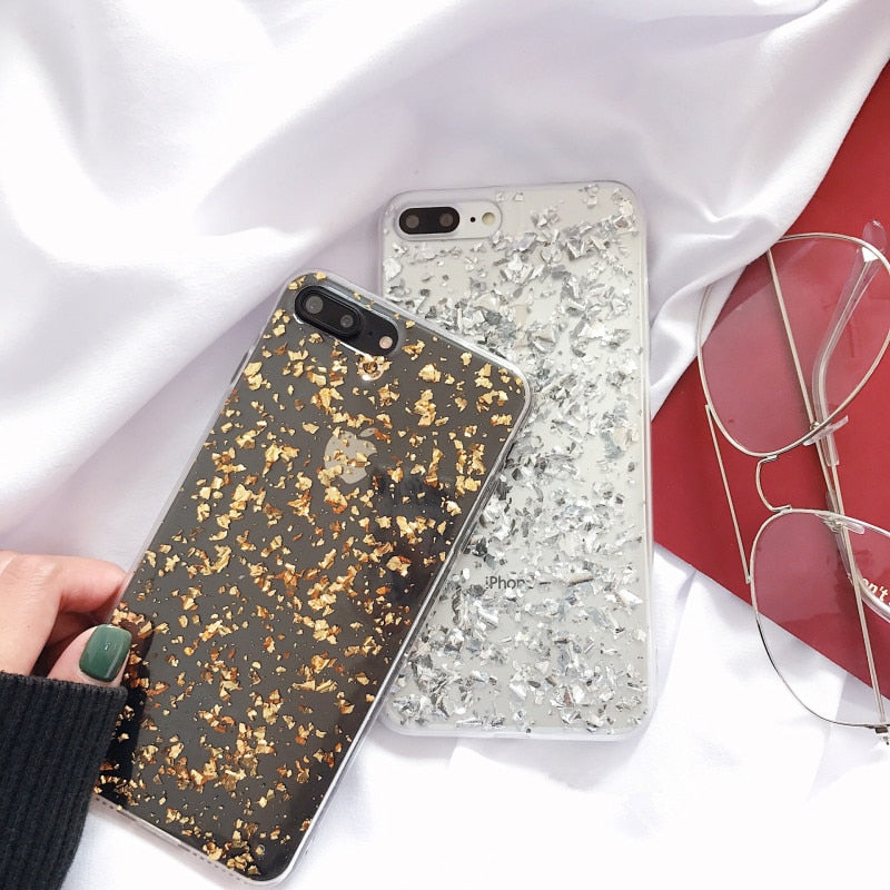 For iPhone 6 6s 7 8 Plus 10 X XS XR Max Bling Glitter Sparkle Gold Foil Sequins Transparent Soft Silicone TPU Phone Case Cover