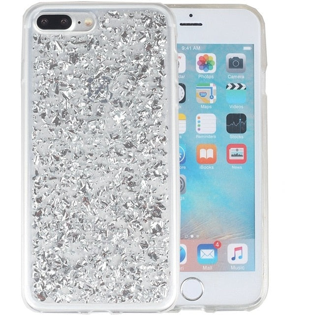 For iPhone 6 6s 7 8 Plus 10 X XS XR Max Bling Glitter Sparkle Gold Foil Sequins Transparent Soft Silicone TPU Phone Case Cover