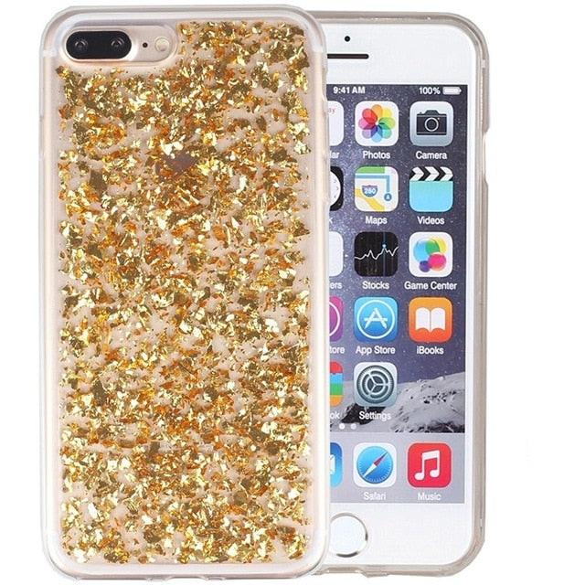 For iPhone 6 6s 7 8 Plus 10 X XS XR Max Bling Glitter Sparkle Gold Foil Sequins Transparent Soft Silicone TPU Phone Case Cover
