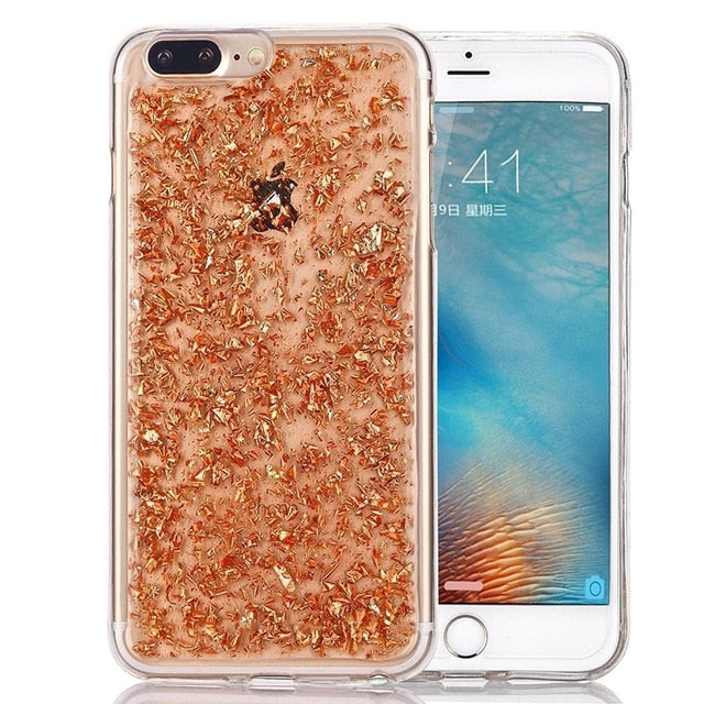 For iPhone 6 6s 7 8 Plus 10 X XS XR Max Bling Glitter Sparkle Gold Foil Sequins Transparent Soft Silicone TPU Phone Case Cover