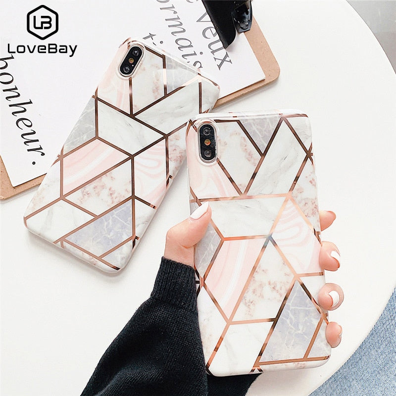 Lovebay Geometric Marble Texture Phone Cases For iPhone 6 6S 7 8 Plus XR XS Max X Soft IMD Electroplated Noble Back Cover Coque