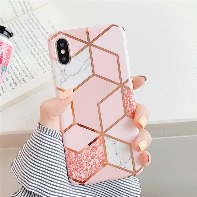 Lovebay Geometric Marble Texture Phone Cases For iPhone 6 6S 7 8 Plus XR XS Max X Soft IMD Electroplated Noble Back Cover Coque