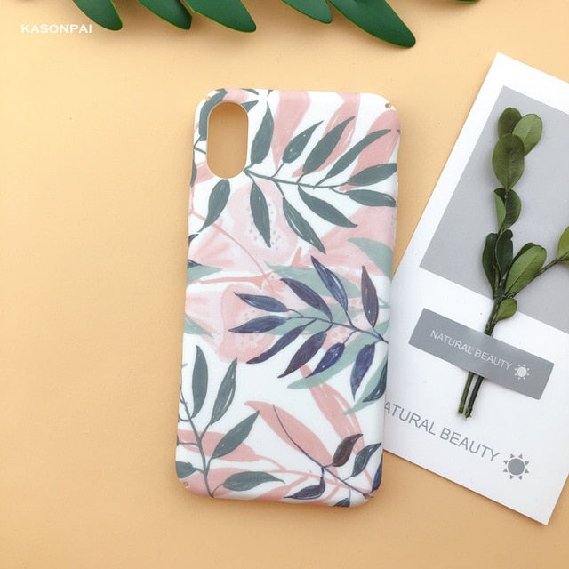 Fashion Matte Phone Cases For iPhone 6 6S 7 7Plus 8 8Plus X XS Max XR Lovely Leaves Patterned Hard Cover Coque For iPhone 7 Case