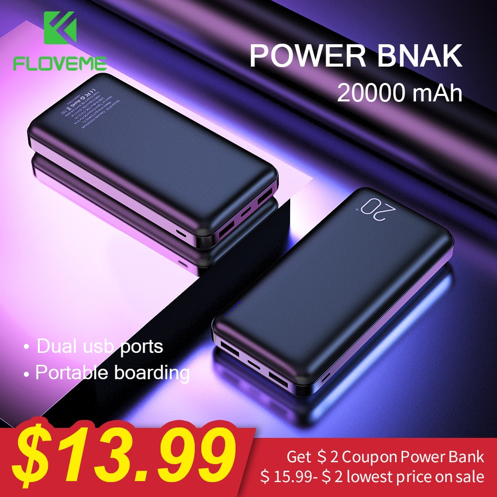 FLOVEME Power Bank 20000mAh Portable Charging Poverbank Mobile Phone External Battery Charger Powerbank 20000 mAh for Xiaomi Mi