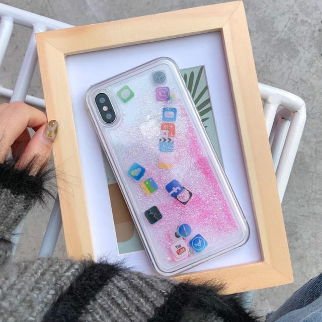 For iPhone 8 Liquid Hard PC Clear Phone Shell For iPhone 6 6S 7 8 Plus X XS XR MAX Cases Quicksand Cover Cute APP icon Case Capa