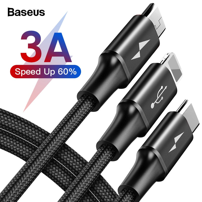 Baseus 3 in 1 USB Cable For iPhone Samsung Xiaomi Multi Fast Charge Charger Micro USB Cable 2 in 1 Mobile Phone USB Type C Cable