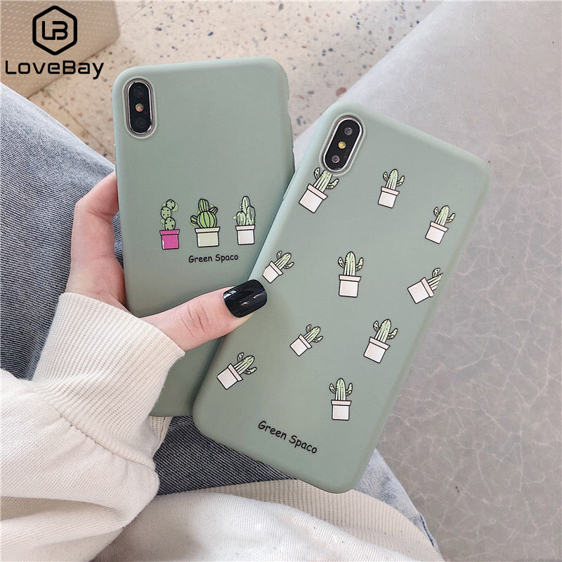 Lovebay Phone Case For iPhone 6 6s 7 8 Plus X XR XS Max Cute Green Cactus Potted Plant Face Soft TPU For iPhone 5 5S SE Cover