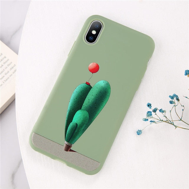 Lovebay Phone Case For iPhone 6 6s 7 8 Plus X XR XS Max Cute Green Cactus Potted Plant Face Soft TPU For iPhone 5 5S SE Cover
