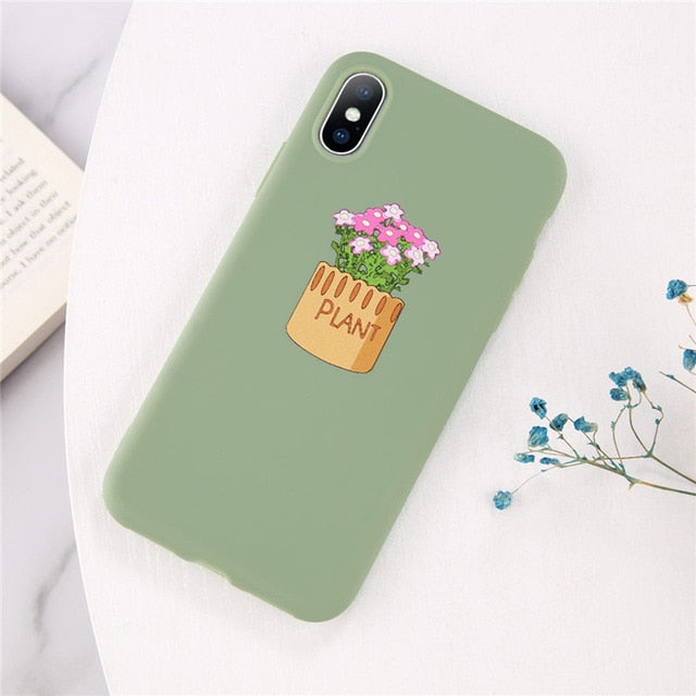 Lovebay Phone Case For iPhone 6 6s 7 8 Plus X XR XS Max Cute Green Cactus Potted Plant Face Soft TPU For iPhone 5 5S SE Cover
