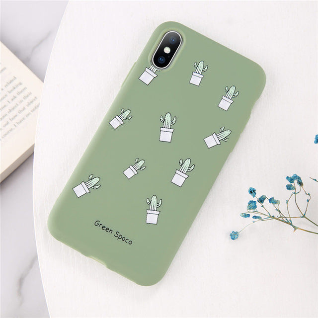 Lovebay Phone Case For iPhone 6 6s 7 8 Plus X XR XS Max Cute Green Cactus Potted Plant Face Soft TPU For iPhone 5 5S SE Cover