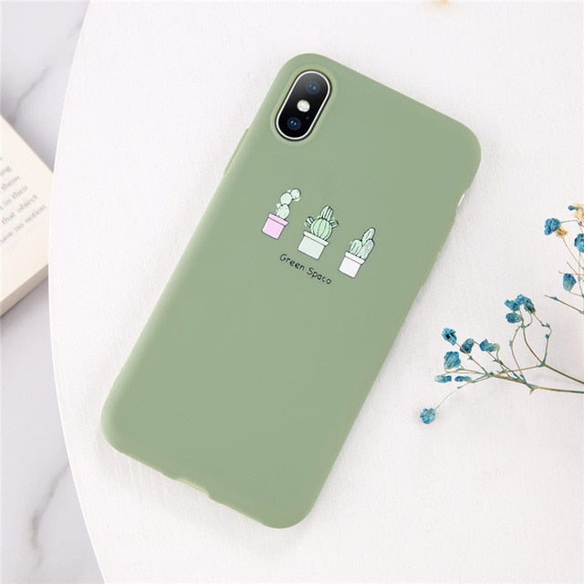 Lovebay Phone Case For iPhone 6 6s 7 8 Plus X XR XS Max Cute Green Cactus Potted Plant Face Soft TPU For iPhone 5 5S SE Cover